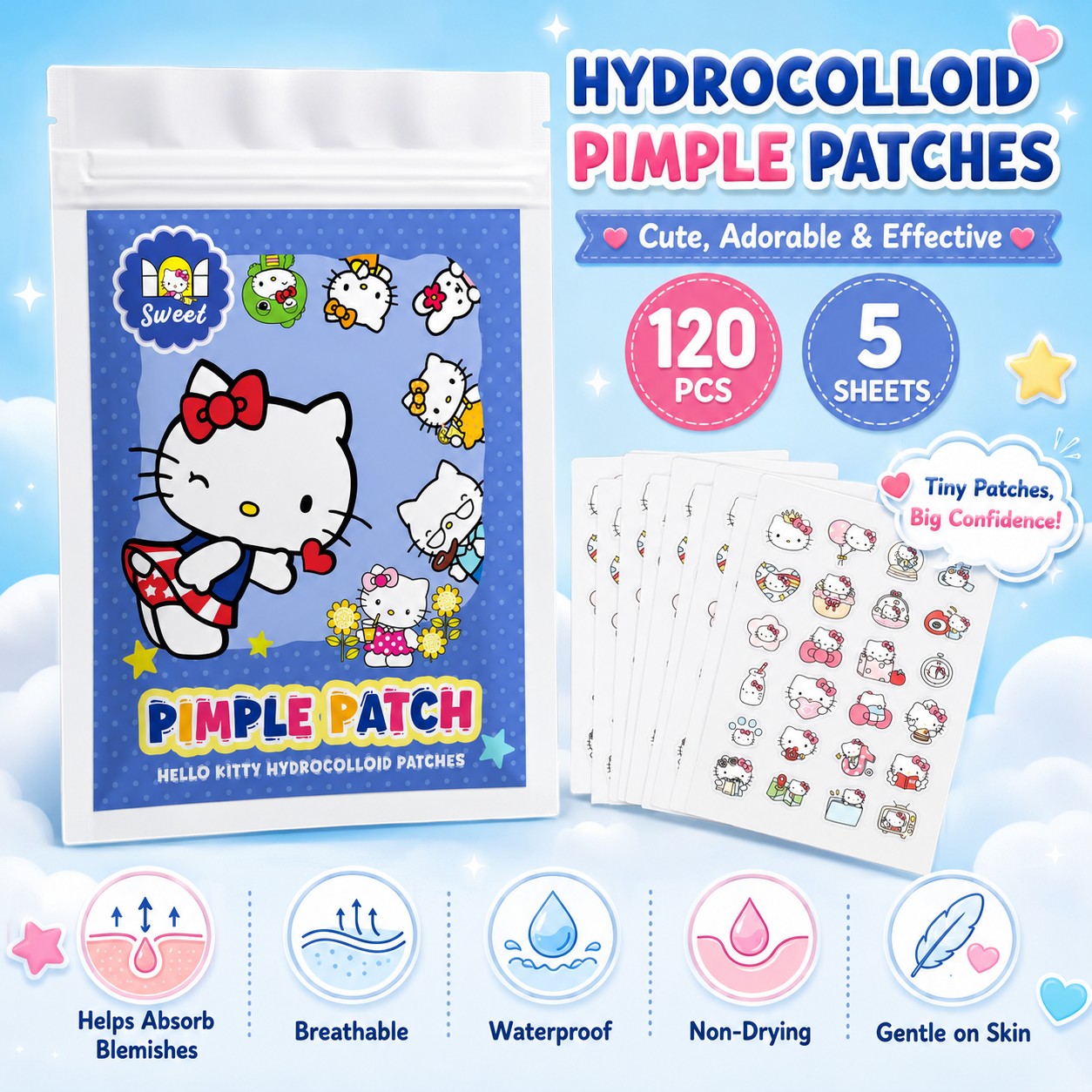 Hydrocolloid Acne Patch - 120PCS hello kitty Acne patches, facial